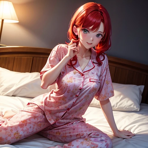 A woman in pink floral pajamas is sitting on her bed, Redheadの少女, beautiful Redheadの女性, Redheadの女性, young Redheadの少女, Short bright red hair, Red hair and attractive features, Anna Nikonova、Also known as New Milky, Redheadの少女, Redhead, Beautiful woman, Posing in bed, Redhead, Short Red Hair, Posing in the room