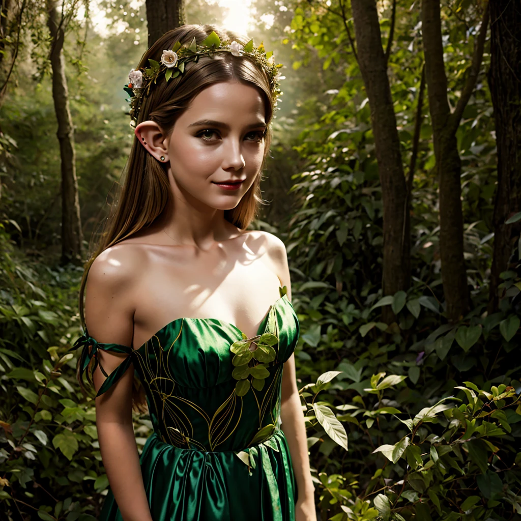 A girl with elven ears and flower crown, wearing a flowing gown made of leaves and vines, holding a glowing orb in a magical forest.
