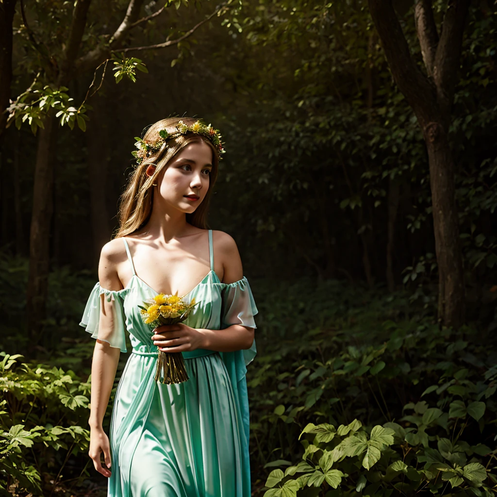 A girl with elven ears and flower crown, wearing a flowing gown made of leaves and vines, holding a glowing orb in a magical forest.
