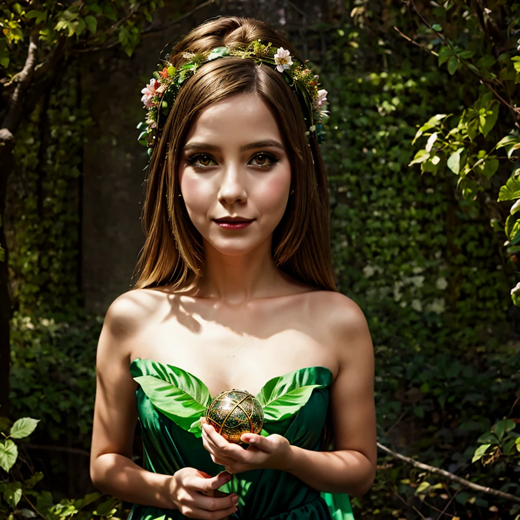 A girl with elven ears and flower crown, wearing a flowing gown made of leaves and vines, holding a glowing orb in a magical forest.
