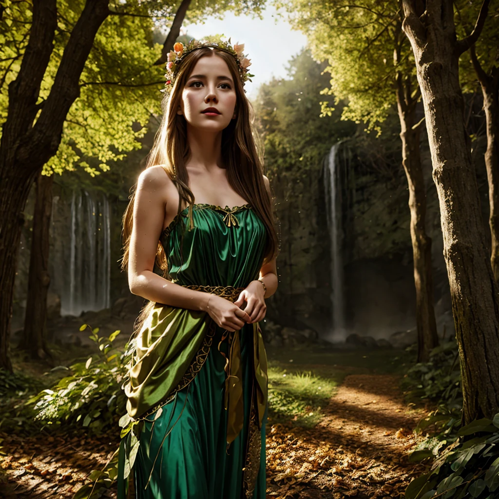 A girl with elven ears and flower crown, wearing a flowing gown made of leaves and vines, holding a glowing orb in a magical forest.
