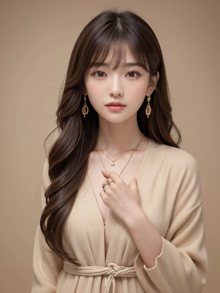 ((Highest quality, 8K, masterpiece:1.3)), concentrate: 1.2, Perfect body beauty: 1.4, Hips: 1.2, ((Long Hair, chest: 1.2)), (Dry clothes: 1.1) , (clear, Simple Background:1.3), Simple clothes: 1.1, Highly detailed face and skin texture,Delicate eyes, double eyelid, Whitened skin, Rough skin、Long Hair、Earrings with bangs、necklace、 solo、Beige coat、White shirt, (((Beautiful girl with cute Japan)))、 ((Beautiful Japanese girl 20 years old))、 ((Baby Face))、 (((Slender body)))、 Upper Body,Face focus、necklace,Simple Background,From above, Realistic Hair、 A photograph was taken:Canon EOS R6、135mm、1/1250 seconds、f2.8、ISO400、(Detailed explanation of the hand)、(Masseter muscle area)、(Exquisite CG)、Long Hair, loose and curly hair、Korean Hair、Long Hair明るいベージュ色、グラデーションハイライトグレージュのゆるふわLong Hairスタイル、