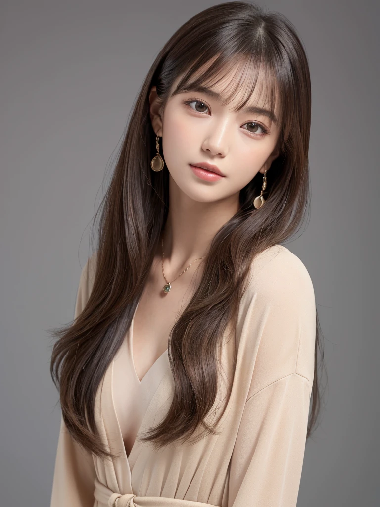 ((Highest quality, 8K, masterpiece:1.3)), concentrate: 1.2, Perfect body beauty: 1.4, Hips: 1.2, ((Long Hair, chest: 1.2)), (Dry clothes: 1.1) , (clear, Simple Background:1.3), Simple clothes: 1.1, Highly detailed face and skin texture,Delicate eyes, double eyelid, Whitened skin, Rough skin、Long Hair、Earrings with bangs、necklace、 solo、Beige coat、White shirt, (((Beautiful girl with cute Japan)))、 ((Beautiful Japanese girl 20 years old))、 ((Baby Face))、 (((Slender body)))、 Upper Body,Face focus、necklace,Simple Background,From above, Realistic Hair、 A photograph was taken:Canon EOS R6、135mm、1/1250 seconds、f2.8、ISO400、(Detailed explanation of the hand)、(Masseter muscle area)、(Exquisite CG)、Long Hair, loose and curly hair、Korean Hair、Long Hair明るいベージュ色、グラデーションハイライトグレージュのゆるふわLong Hairスタイル、