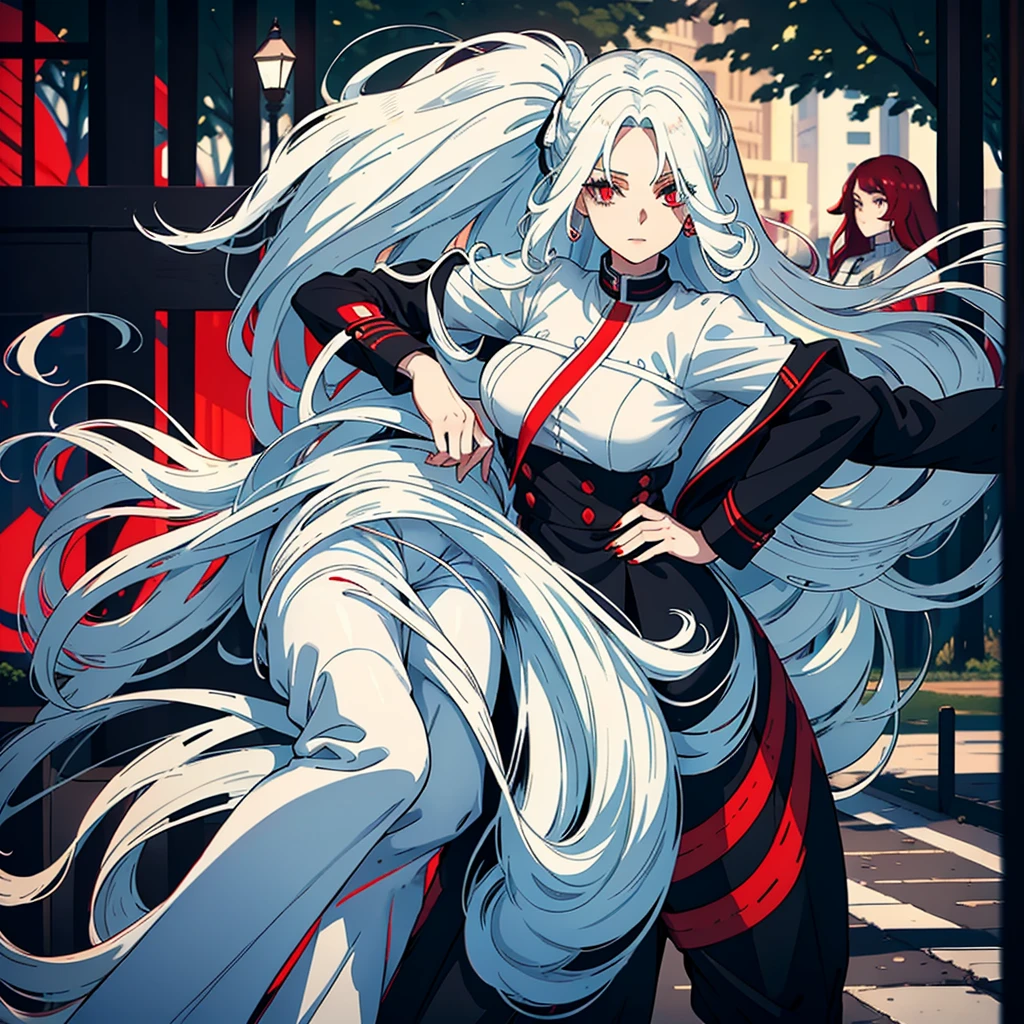 woman with long wavy white hair bright blue eyes wearing a white blouse and black pants next to her a black haired woman with red locks with bright red eyes wearing a black sweater and white pants taking her phone for a photo they are in a park