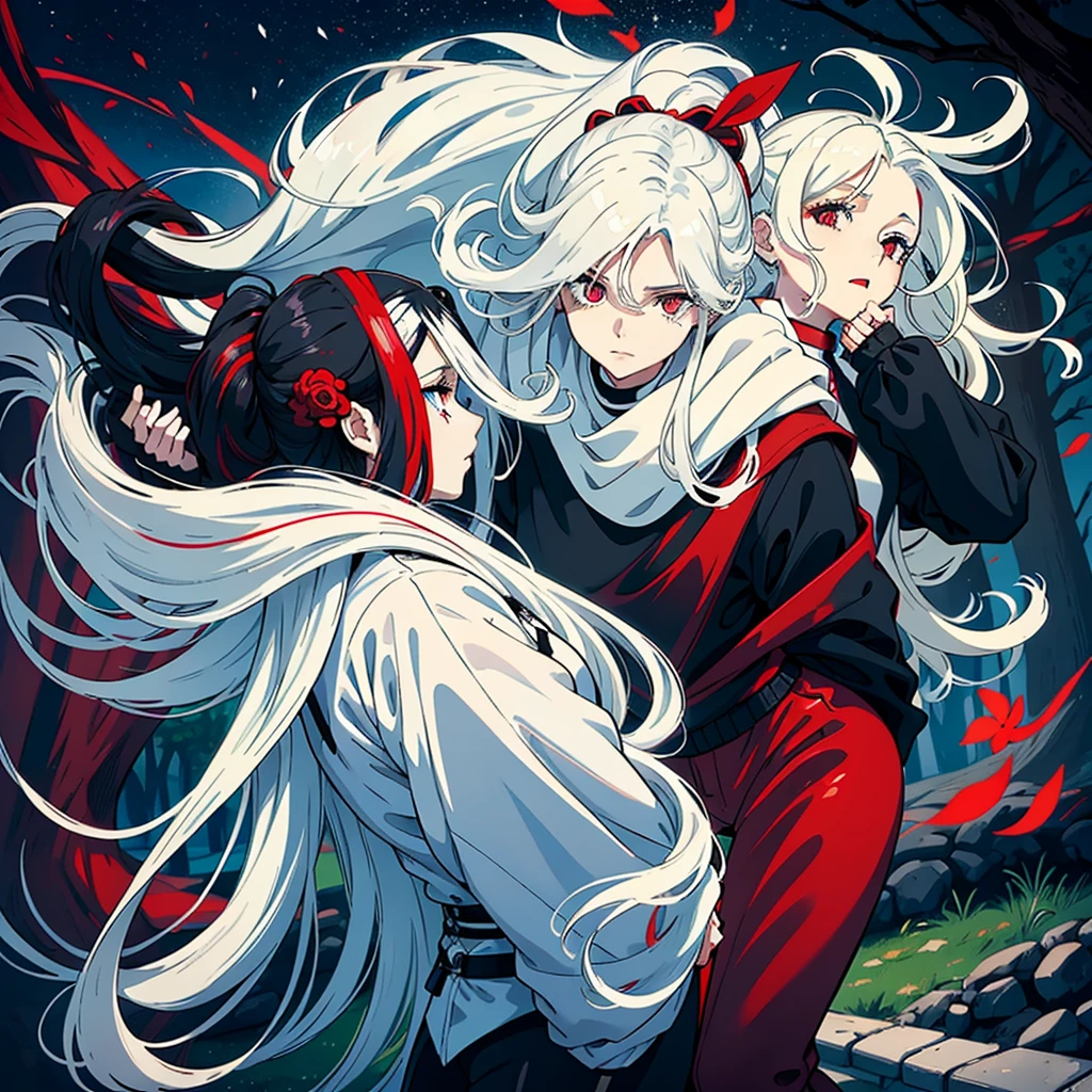 woman with long wavy white hair bright blue eyes wearing a white blouse and black pants next to her a black haired woman with red locks with bright red eyes wearing a black sweater and white pants taking her phone for a photo they are in a park