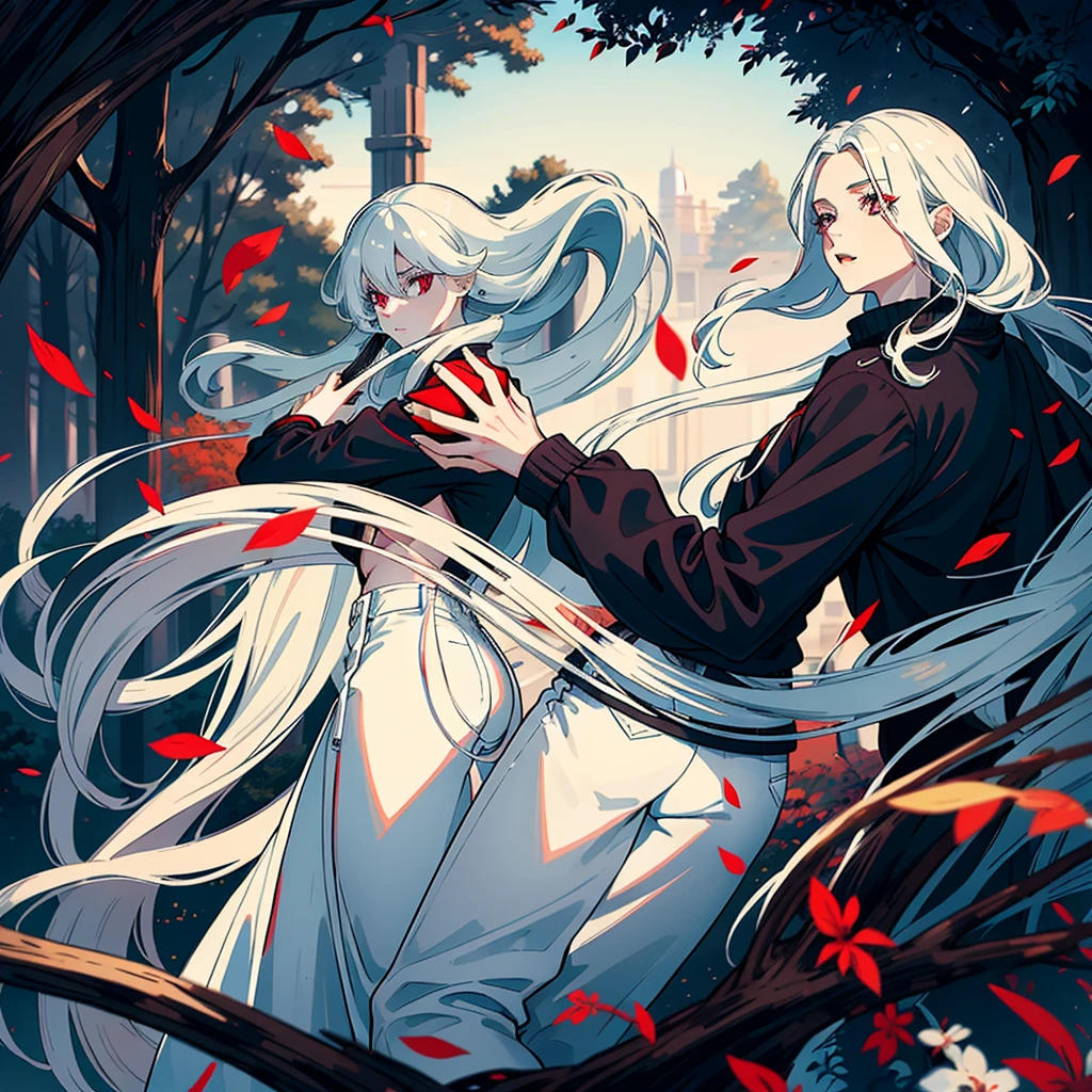 woman with long wavy white hair bright blue eyes wearing a white blouse and black pants next to her a black haired woman with red locks with bright red eyes wearing a black sweater and white pants taking her phone for a photo they are in a park