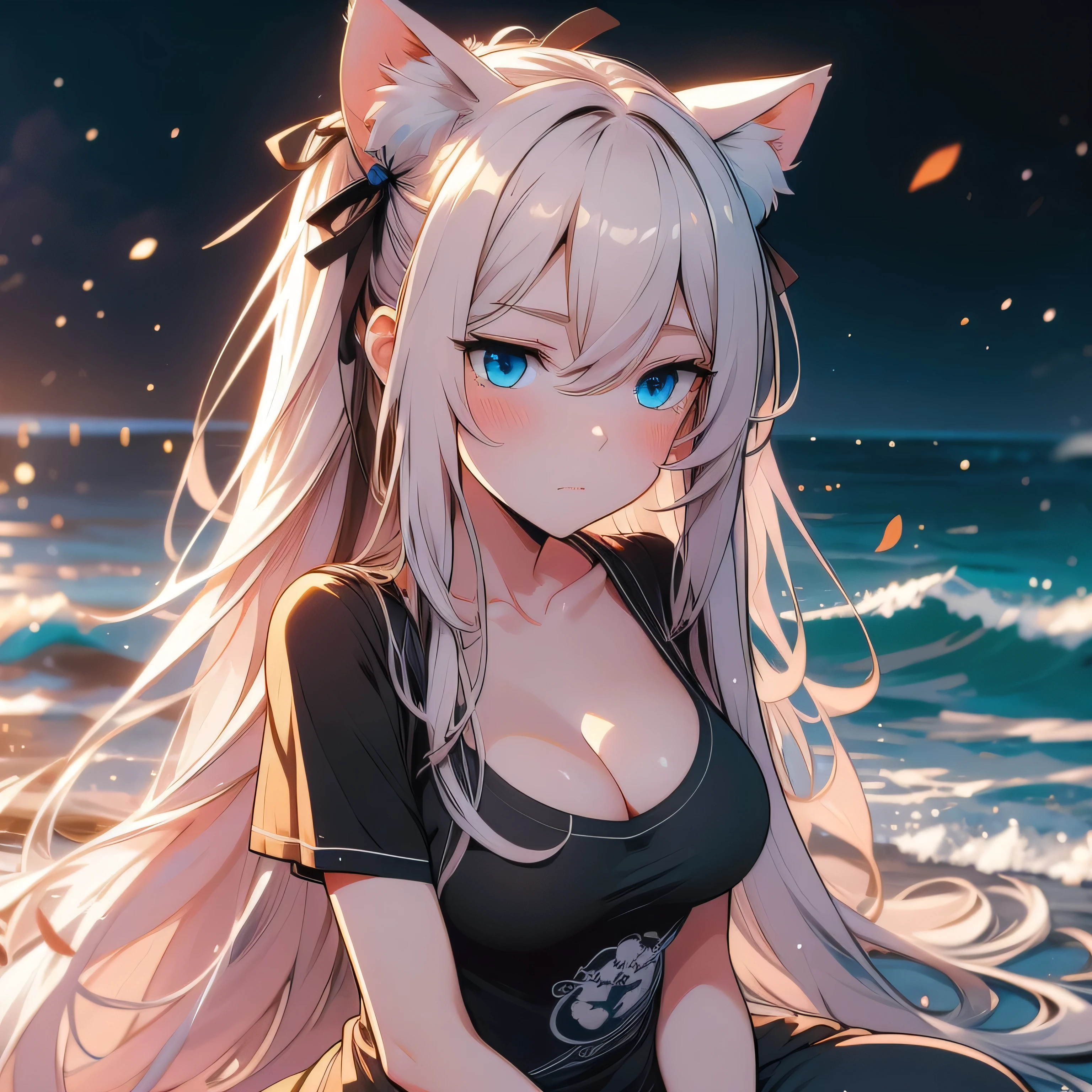 cell shaded anime woman, white long hair, black ribbons, flower in hair, blushing, blue eyes, cat ears, 8k, high res, 1 woman, good lighting, fine detail, (masterpiece), perfect face, best quality, looking at viewer, sitting, cleavage, expressive face, ocean beach, full body, panties, oversized brown t-shirt