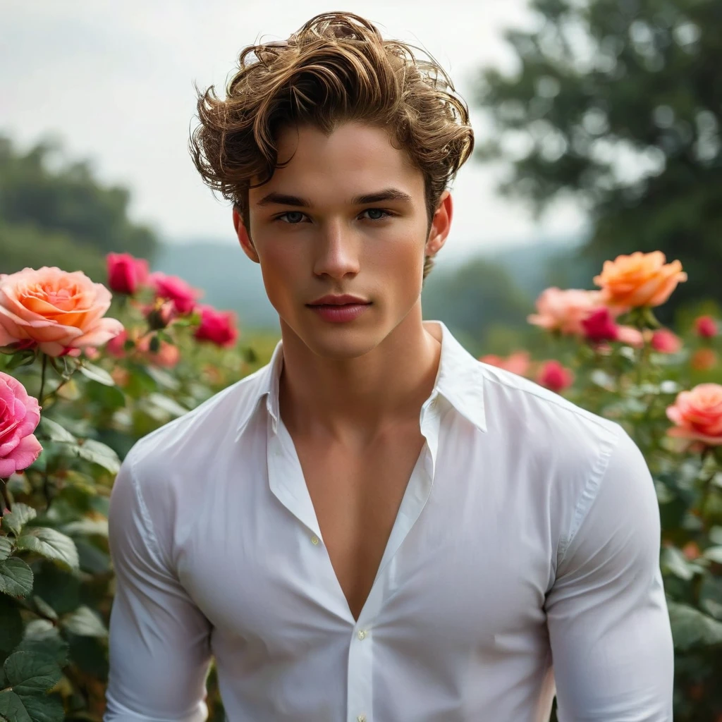 Behold a fashion editorial photo shoot featuring a photogenic and charming 26 year old male supermodel, ((reminiscent of Fernando Lindez)), a symmetric young face adorned with natural blemishes and freckles:0.15, short curly hair, and a natural pale skin tone that embodies youthfulness and athleticism, skinny and lean body, pretty cute, Exuding a unique sexy allure with his exotic look, in a David Austin Rose gardens adorned with wild colorful roses flowers, white shirt, ((wearing white Jockstrap with thick cock line)), bulge focus, the focus subtly directed towards it. stand over the camera perspective, interesting dynamic view from below, amazing composition, HDR, volumetric lighting, ultra quality, elegant, highly detailed, masterpiece, best quality, high resolution, Against the backdrop of vibrant greenery, he is captured in a full-body pose, emphasizing his captivating presence and the intricate details of the surroundings. The photograph is taken with a Canon EOS R6 camera using an 85mm f/1.8 lens at an f/2.2 aperture, utilizing natural light. Employing three-point lighting and incorporating 3D animation shadows enhances his features and adds depth to the composition. The careful layering and arrangement of his body parts and surrounding objects ensure a flawless composition. This masterpiece celebrates the beauty of the male form and invites viewers to immerse themselves in a world of sophistication and charm. The seductive lighting and intricate details, combined with a dramatic composition, invite viewers to revel in the essence of a fun-filled day, brimming with joy and relaxation. Attention is meticulously paid to the layers and arrangement of his body parts and surrounding objects, ensuring correct body structure and photo distance. The romantic atmosphere, paired with a lively and extremely gorgeous background, enhances the overall allure of this exquisite image
