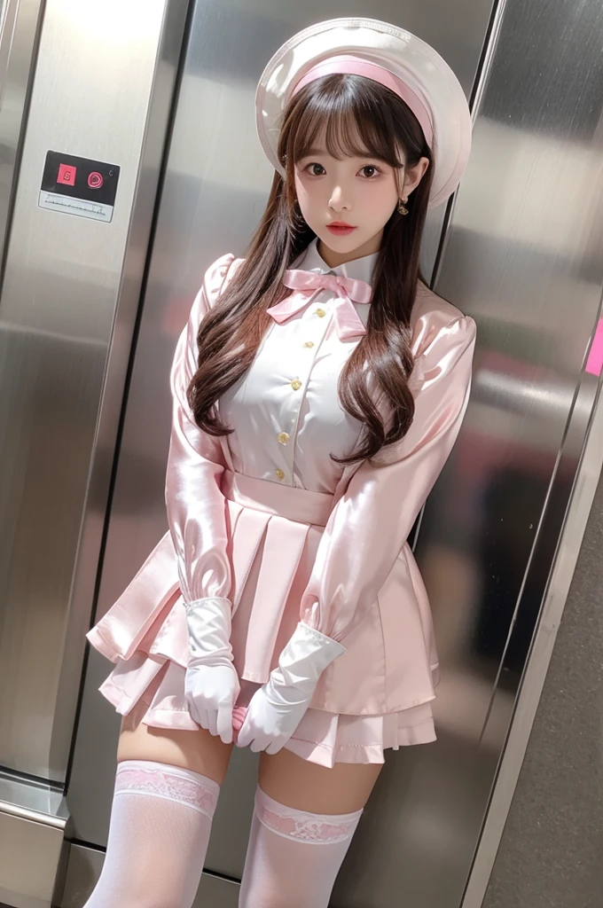 Highest quality、Elevator Girl、Shiny pink silk jacket、White blouse with ribbon、Round collar、Micro Mini Skirt、Tight Skirt、A small round hat with a ribbon、Skinny、White gloves、White over-the-knee socks、Flushed Cheeks、Embarrassed look、Big Breasts、Pull the skirt down with your hands