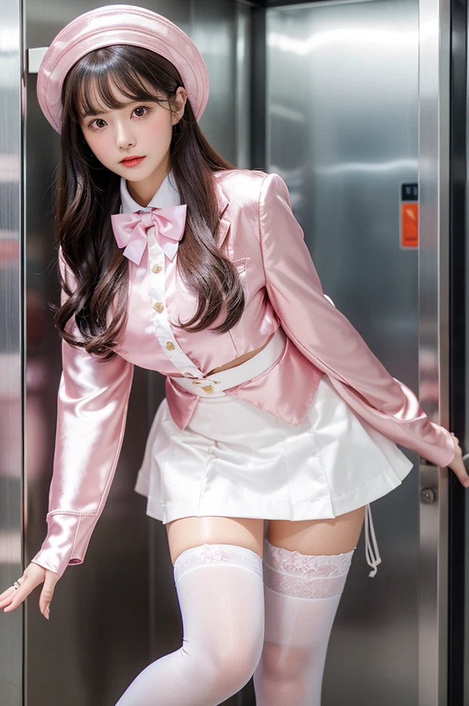 Highest quality、Elevator Girl、Shiny pink silk jacket、White blouse with ribbon、Round collar、Micro Mini Skirt、Tight Skirt、A small round hat with a ribbon、Skinny、White gloves、White over-the-knee socks、Flushed Cheeks、Embarrassed look、Big Breasts、Pull the skirt down with your hands