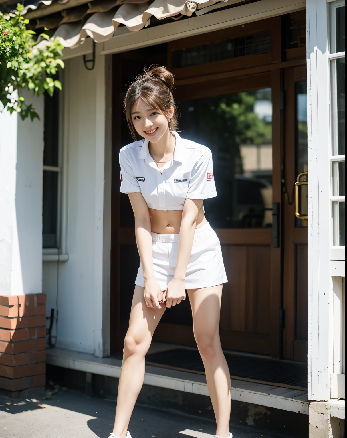 Did G, 最高masterpiece,One girl, Are standing, stand, Looking at the audience, Exposed Skin, (From below),Brown eyes, (Brown updo hairstyle:1.2), (Light Hair), (Medium chest:1.4), Smiling with white teeth, (Photorealistic:1.4), (Best image quality:1.0), (Ultra-high resolution:1.0), 8K, Raw photo, (masterpiece:0.2), Track and field uniforms, Show off your abs, (Sweat, Wetty:1.1), Portrait, Face Focus, Full Body,(Purelos Face_v1:0.5), Outdoor, Head to toe,