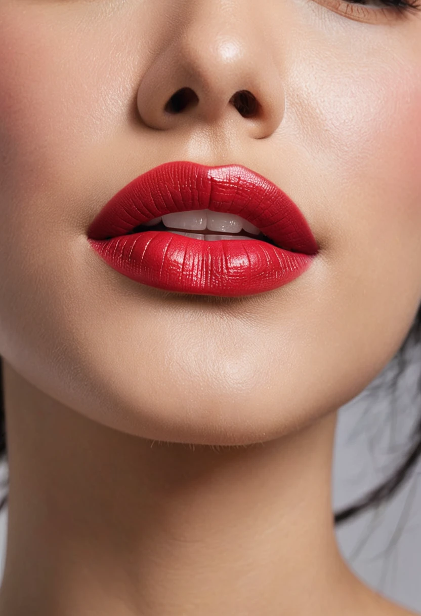 Close-up of a MagMix Girl's mouth with beautifully textured lips and flawless skin, showcasing the high detail of the lipstick application, studio light,
