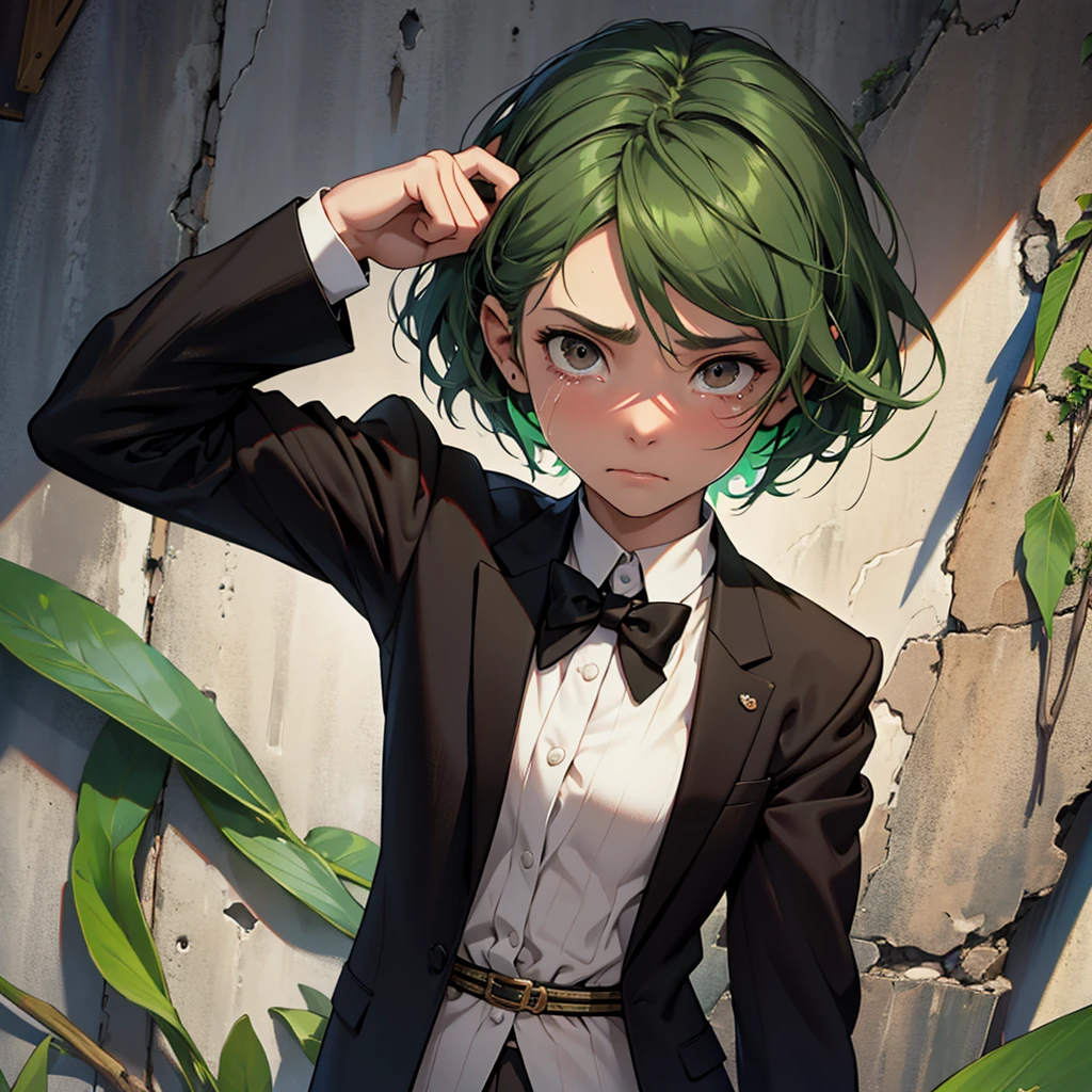 A 13 year old , a female, woman, feminine, a girl, a girl, just a person, only a person, , fragile body, guilty face, worried face, crying face, small and fragile body, green hair small, short hair, brown eyes, medieval period, wearing a suit, black suit, tuxedo, wearing a black tuxedo, medieval background, Ultra HD 4k, 4k, Ultra HD