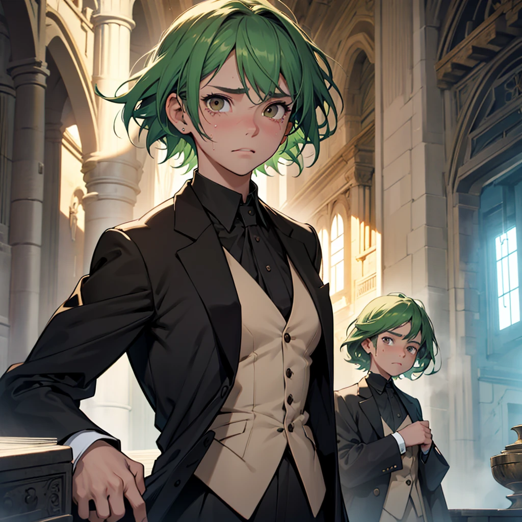 A 13 year old , a female, woman, feminine, a girl, a girl, just a person, only a person, , fragile body, guilty face, worried face, crying face, small and fragile body, green hair small, short hair, brown eyes, medieval period, wearing a suit, black suit, tuxedo, wearing a black tuxedo, medieval background, Ultra HD 4k, 4k, Ultra HD