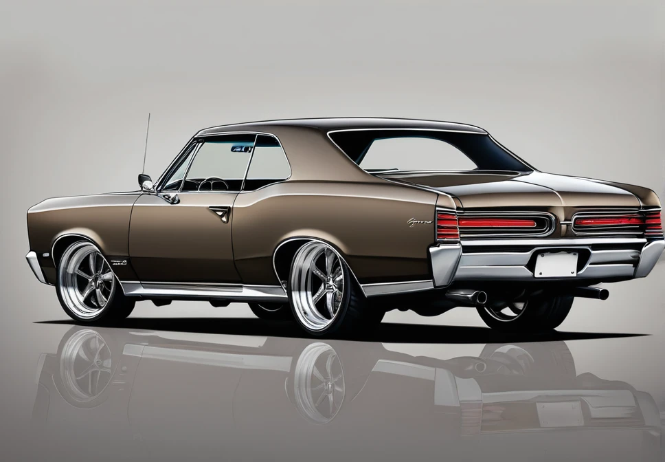 Dark Taupe  colored 1967 Pontiac GTO , pop art, cartoonish style , sketch, detailed illustration, large wheels, slammed to the ground, wide bodykit, masterpiece, highly detailed ((([simple  grey background])))
