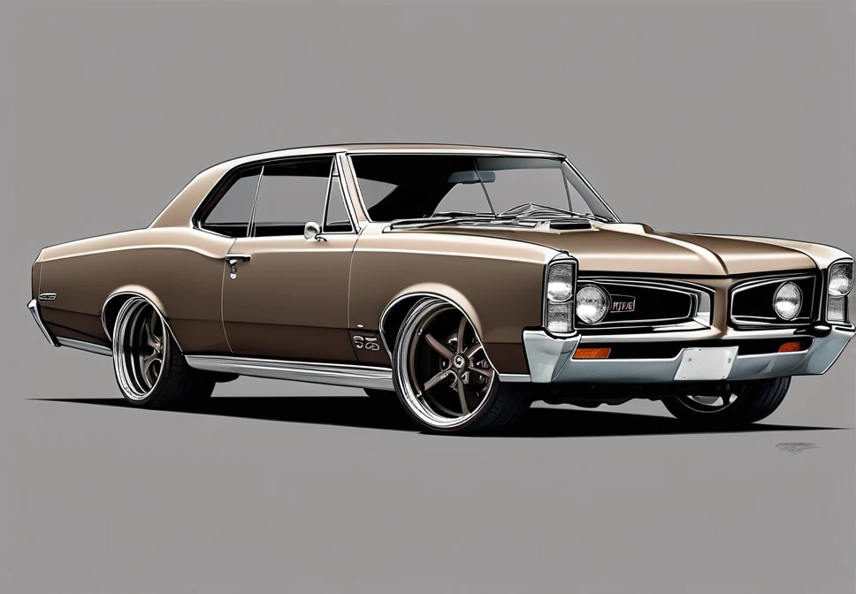 Dark Taupe  colored 1967 Pontiac GTO , pop art, cartoonish style , sketch, detailed illustration, large wheels, slammed to the ground, wide bodykit, masterpiece, highly detailed ((([simple  grey background])))
