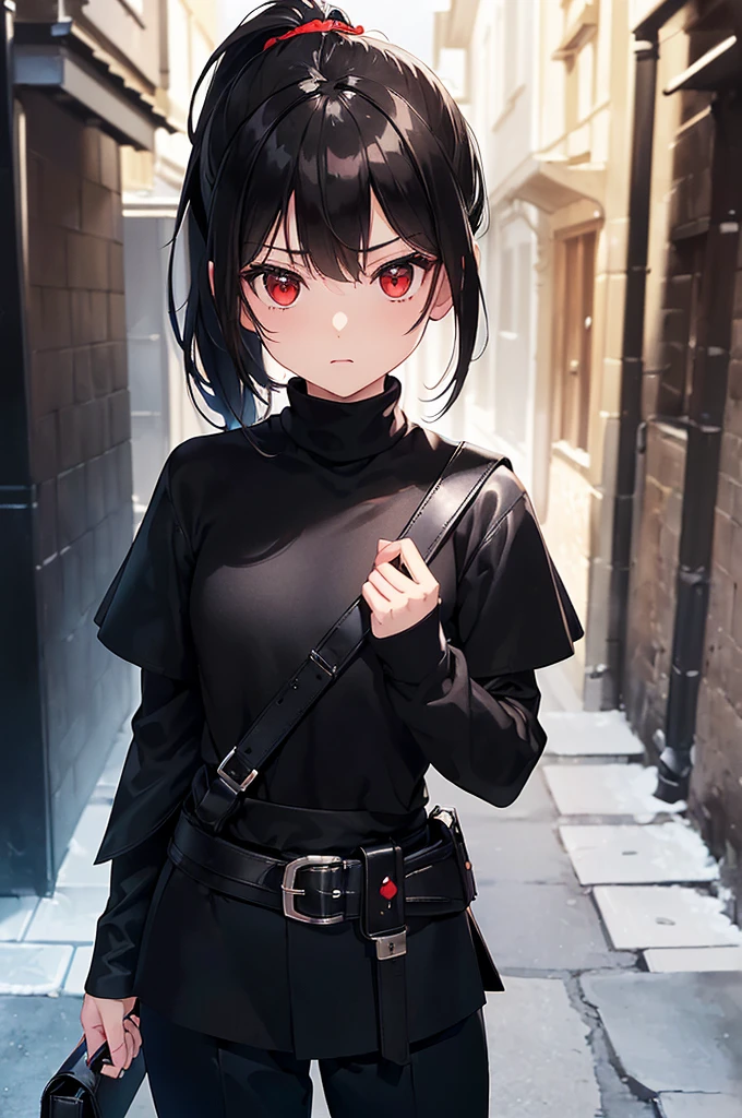 (masterpiece; best quality: 1.2), (finely detailed eyes: 1.3), ((10 year old female )), ((solo)), (red eyes: 1.4), (body; short, slender: 1.3), (black hair in ponytail: 1.3), (beautiful and clear background: 1.2), ((depth of field)), (clothes: assassin attire + black turtleneck + black pants + short black cape + leather armor + satchel: 1.3), (anime illustration: 1.2), (background; medieval alleyway: 1.1), (extremely fine and beautiful: 1.1), (shot composition; standing + centered on torso + close-up: 1.5), (expression; calm, stoic: 1.2)