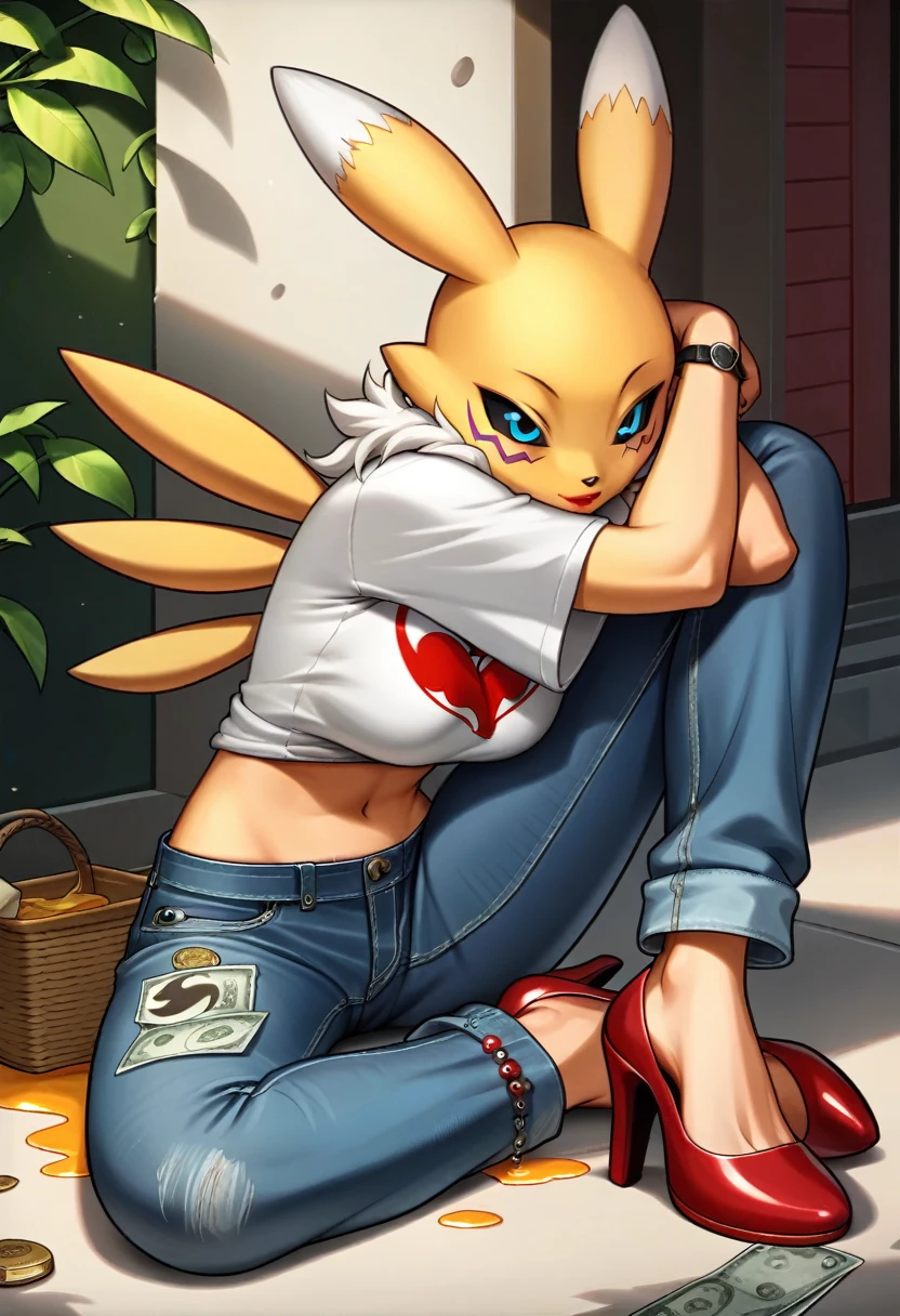 Fraction_9, Fraction_8_Direction_7_Direction_6_Direction_5_Direction_4_up, rest, src_Japanese cartoons, Endless, Official Art, masterpiece, 1 Girl, renamon (Digimon), anthropology, cute的, , very younger, young, , Uncensored, Oversized T-shirt, big jeans,Red high heels,Red lipstick, Sexy, Honey, prostitute, Dagasi, Blink,cute