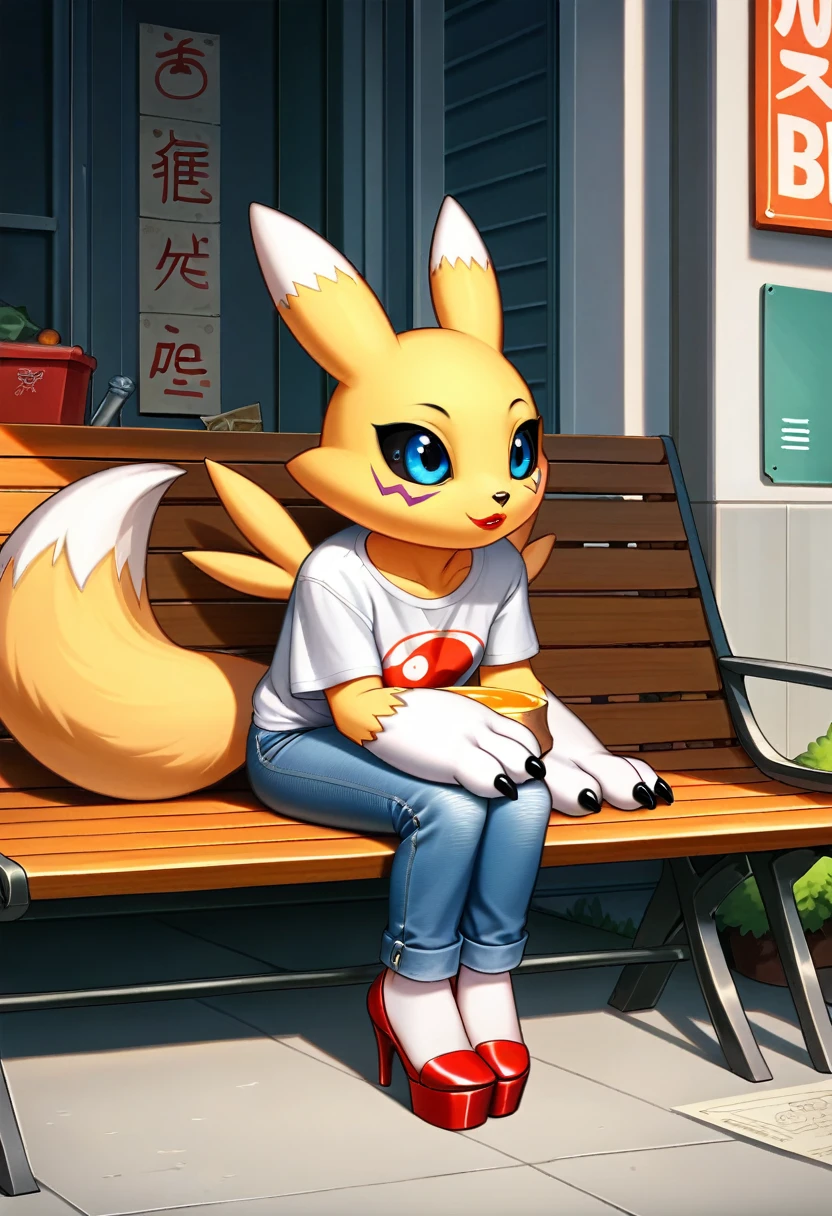 Fraction_9, Fraction_8_Direction_7_Direction_6_Direction_5_Direction_4_up, rest, src_Japanese cartoons, Endless, Official Art, masterpiece, 1 Girl, renamon (Digimon), anthropology, cute的, , very younger, young, , Uncensored, Oversized T-shirt, big jeans,Red high heels,Red lipstick, Sexy, Honey, prostitute, Dagasi, Blink,cute