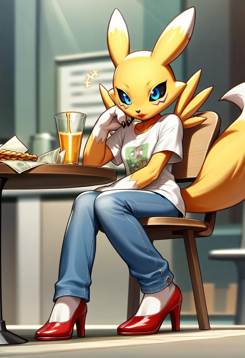 Fraction_9, Fraction_8_Direction_7_Direction_6_Direction_5_Direction_4_up, rest, src_Japanese cartoons, Endless, Official Art, masterpiece, 1 Girl, renamon (Digimon), anthropology, cute的, , very younger, young, , Uncensored, Oversized T-shirt, big jeans,Red high heels,Red lipstick, Sexy, Honey, prostitute, Dagasi, Blink,cute