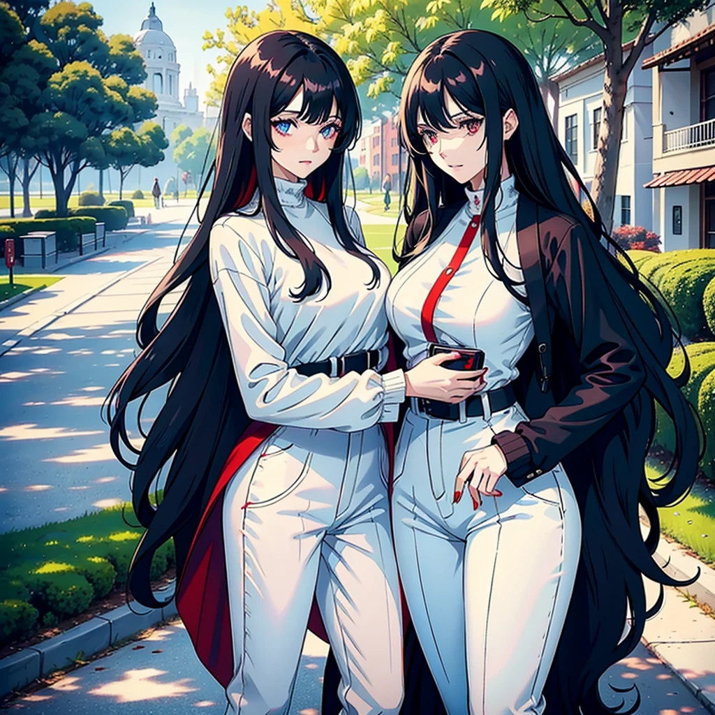woman with long wavy white hair bright blue eyes wearing a white blouse and black pants next to her a black haired woman with red locks with bright red eyes wearing a black sweater and white pants taking her phone for a photo they are in a park