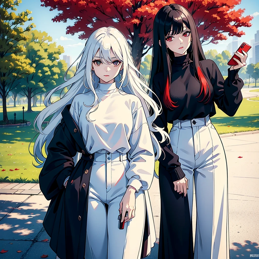 woman with long wavy white hair bright blue eyes wearing a white blouse and black pants next to her a black haired woman with red locks with bright red eyes wearing a black sweater and white pants taking her phone for a photo they are in a park