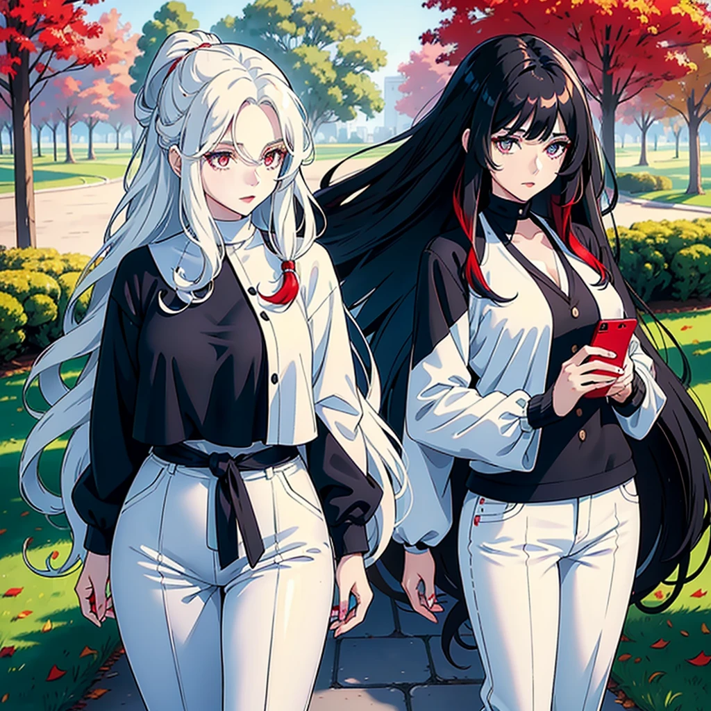 woman with long wavy white hair bright blue eyes wearing a white blouse and black pants next to her a black haired woman with red locks with bright red eyes wearing a black sweater and white pants taking her phone for a photo they are in a park