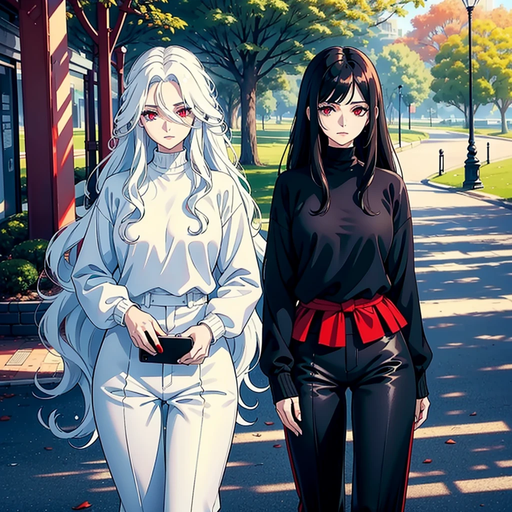 woman with long wavy white hair bright blue eyes wearing a white blouse and black pants next to her a black haired woman with red locks with bright red eyes wearing a black sweater and white pants taking her phone for a photo they are in a park