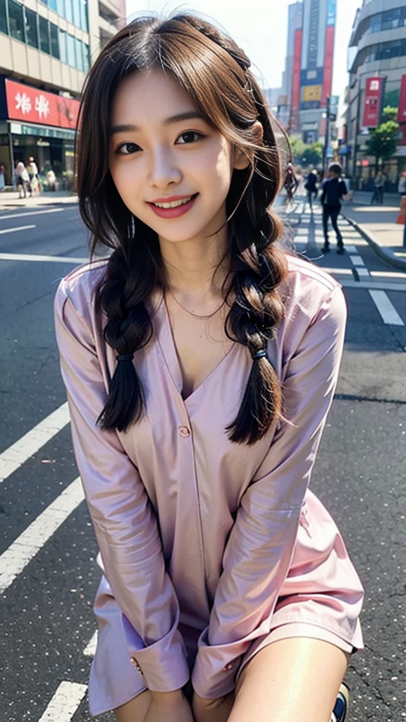 Raw photo、Ultra-realistic、Ultra detailed face、Detail lips、Detailed eyes、High school girl smiling showing her teeth、Long Hair:1.1、chest、Visible curves、Laughing with your mouth open 、Tokyo city角、 Whole body、( Slender body)、(Long Hair)、Big Breasts、Idol、(pastel colour)、18-year-old、Small face、Braid、 Tokyo city、Long beautiful legs 1.2、Curved waist、flower、uniform、blouse、Wide forehead