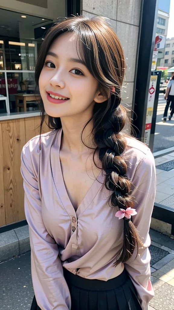 Raw photo、Ultra-realistic、Ultra detailed face、Detail lips、Detailed eyes、High school girl smiling showing her teeth、Long Hair:1.1、chest、Visible curves、Laughing with your mouth open 、Tokyo city角、 Whole body、( Slender body)、(Long Hair)、Big Breasts、Idol、(pastel colour)、18-year-old、Small face、Braid、 Tokyo city、Long beautiful legs 1.2、Curved waist、flower、uniform、blouse、Wide forehead