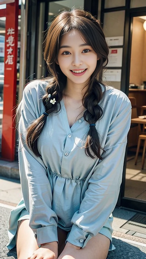 Raw photo、Ultra-realistic、Ultra detailed face、Detail lips、Detailed eyes、High school girl smiling showing her teeth、Long Hair:1.1、chest、Visible curves、Laughing with your mouth open 、Tokyo city角、 Whole body、( Slender body)、(Long Hair)、Big Breasts、Idol、(pastel colour)、18-year-old、Small face、Braid、 Tokyo city、Long beautiful legs 1.2、Curved waist、flower、uniform、blouse、Wide forehead