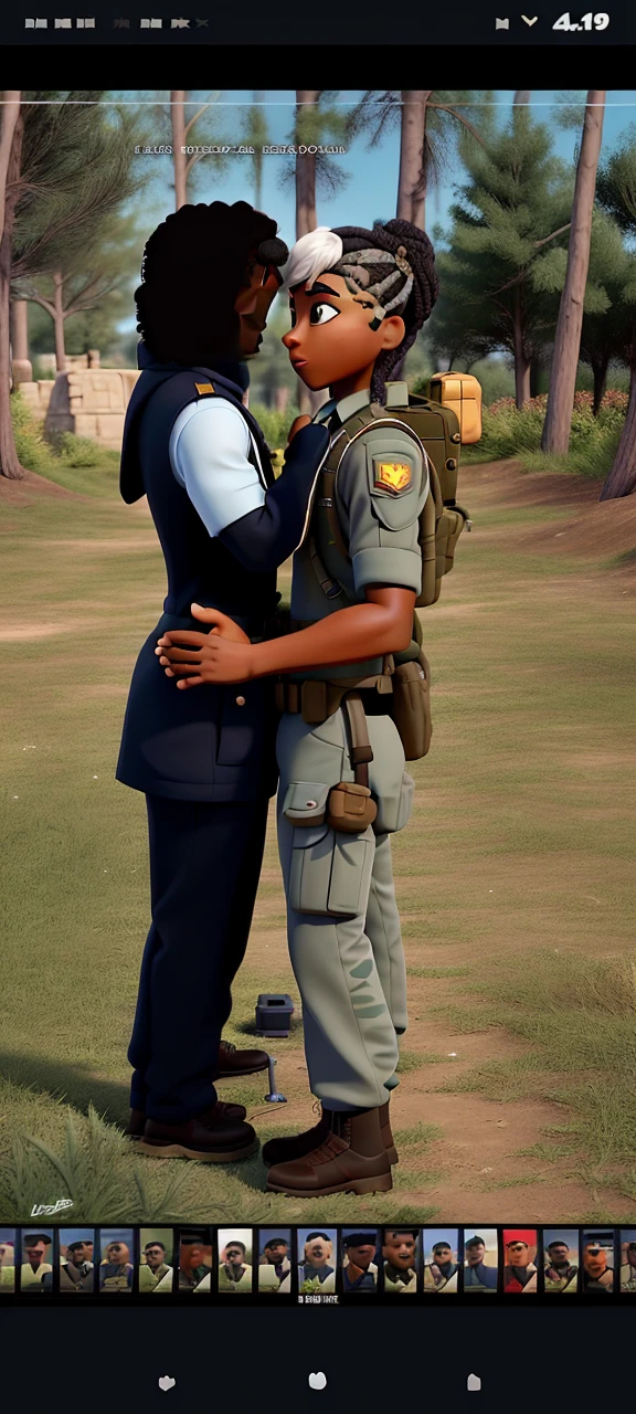 Couple (dark-skinned man and military man and dark-skinned woman) not Disney Pixar style, high qualiy, best qualityer.