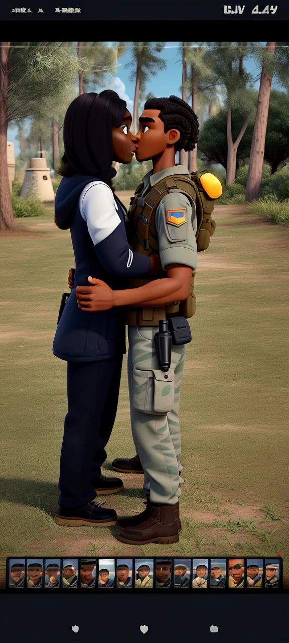 Couple (dark-skinned man and military man and dark-skinned woman) not Disney Pixar style, high qualiy, best qualityer.