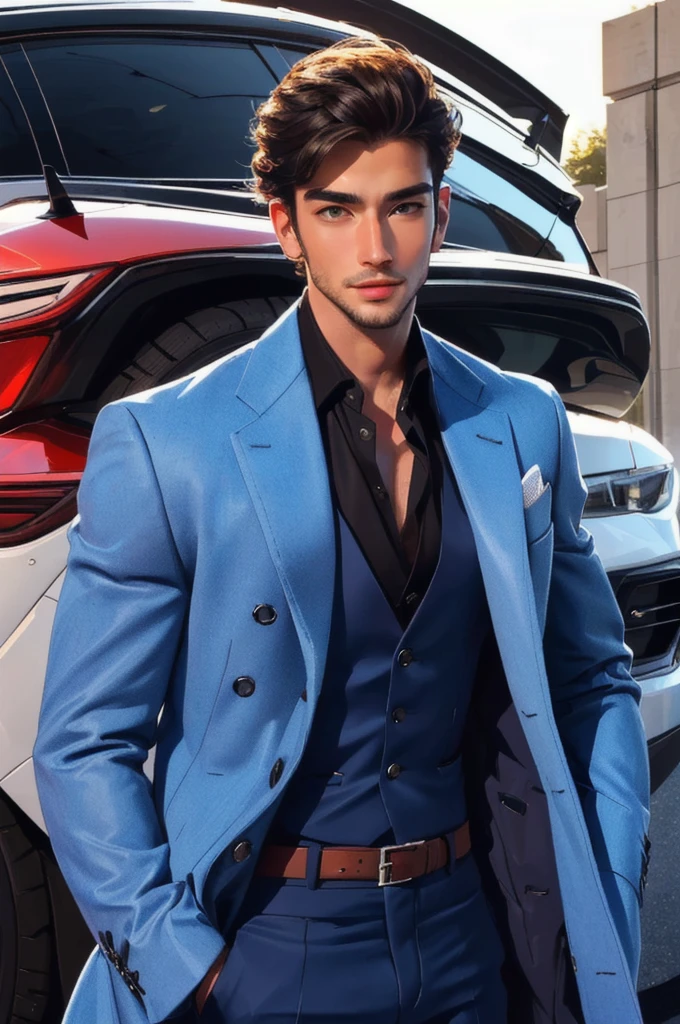 a close up of a man in a It lasts standing next to a car, handsome and elegant, wearing a stylish men's It lasts, masculine and handsome, wearing dark blue It lasts, attractive male haute couture, handsome and attractive, stylish It lasts, Handsome man, It lasts ， Perfect face, dressed in a It lasts, luxurious It lasts, well dressed, Sophisticated and well-rounded face, elegant It lasts