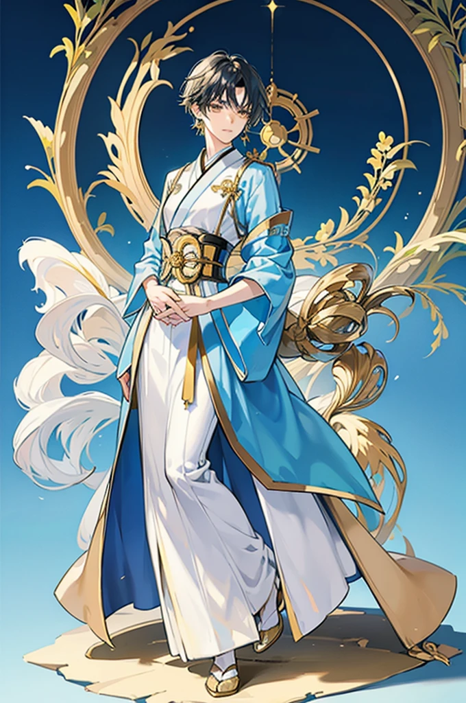 Slim man, short messy black hair, soft yellow eyes, fancy light blue and white Japanese style suit, gold corset, small waist, gold earrings, hands behind back, proper pose, full body view, masculine male, standing alone, one man