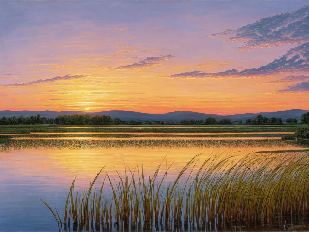 painting of a lake with reeds and a sunset in the background, by rainer hosch, by Harold Sandys Williamson, by Wilhelm Sasnal, steven outram highly detailed, bullrushes, by Norman Saunders, by Fred Williams, by Lajos Bruck, by Emil Orlik, by Lars Jonson Haukaness, by Bob Ross