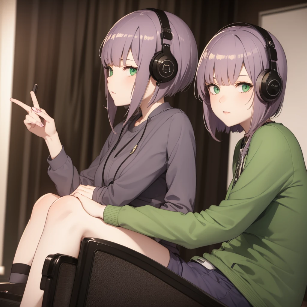  a girl with short hair, fringe,brown hair and lilac locks, White skin, green eyes, sitting in a voice recording studio with headphones