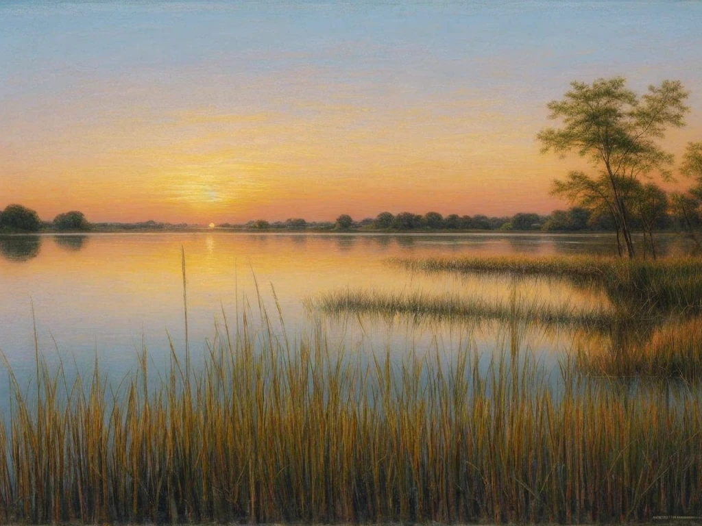 painting of a lake with reeds and a sunset in the background, a pastel by Harold Sandys Williamson, flickr, tonalism, by rainer hosch, steven outram highly detailed, bullrushes, reeds, steven outram, muted water color, peter sculthorpe, small reeds behind lake, nature painting, in a misty pond, marsh, tranquil scene