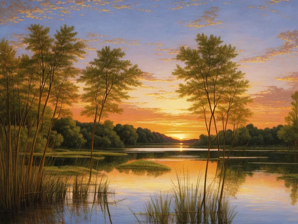 painting of a lake with reeds and a sunset in the background, by rainer hosch, by Harold Sandys Williamson, by Wilhelm Sasnal, steven outram highly detailed, bullrushes, by Norman Saunders, by Fred Williams, by Lajos Bruck, by Emil Orlik, by Lars Jonson Haukaness, by Bob Ross