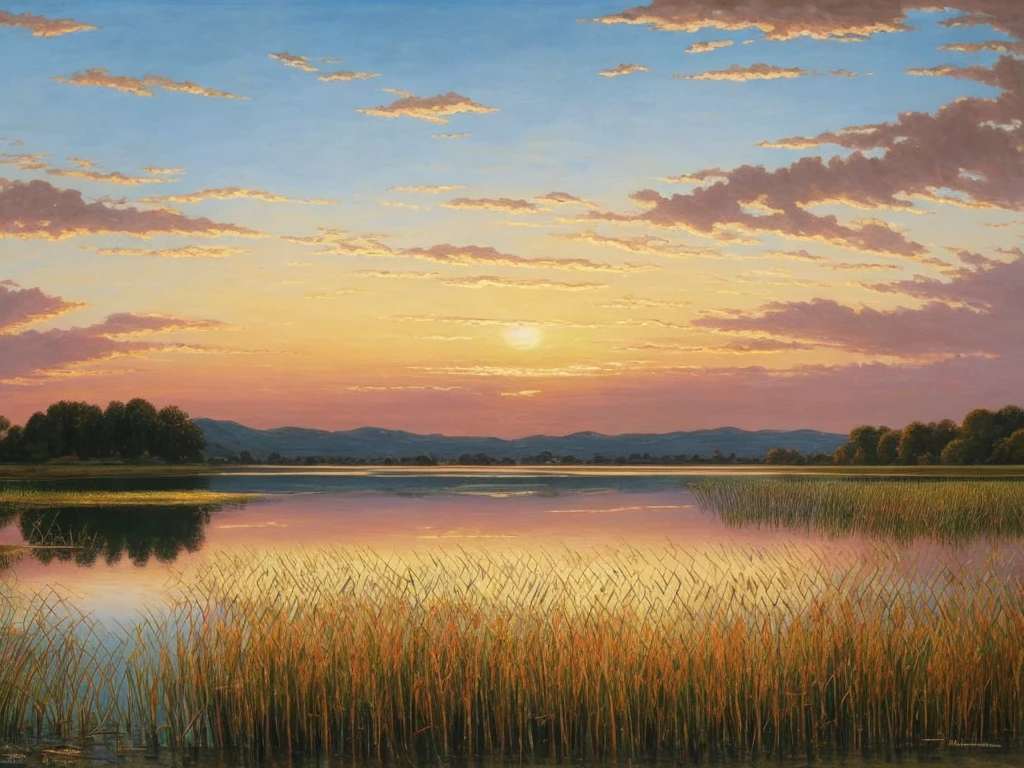 painting of a lake with reeds and a sunset in the background, by rainer hosch, by Harold Sandys Williamson, by Wilhelm Sasnal, steven outram highly detailed, bullrushes, by Norman Saunders, by Fred Williams, by Lajos Bruck, by Emil Orlik, by Lars Jonson Haukaness, by Bob Ross
