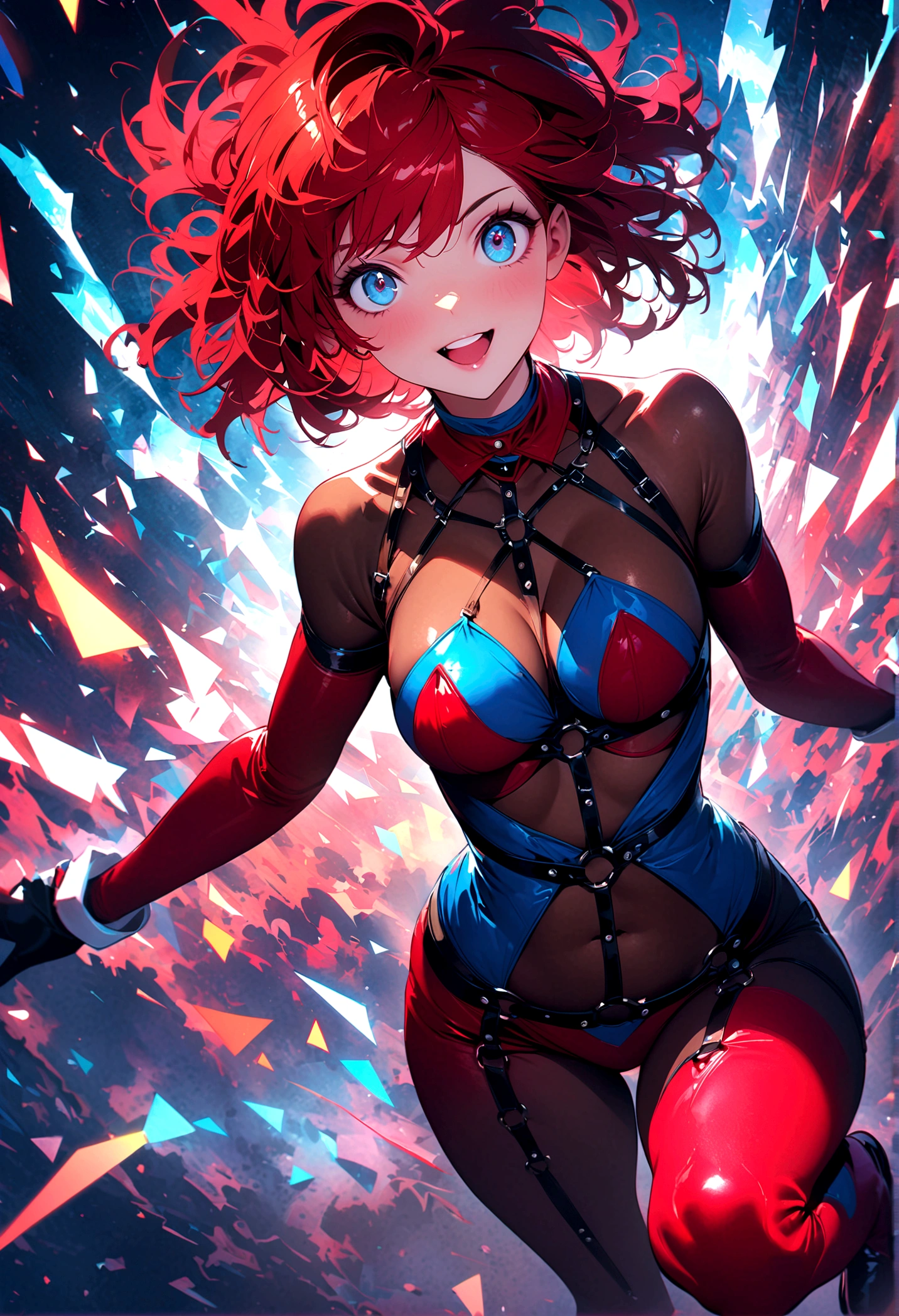 ((Masterpiece, top quality, high resolution)), ((highly detailed CG unified 8K wallpaper)), (huge stunning goddess shot, very hot and sexy, jaw-dropping beauty, perfect proportions, beautiful body, slim body beauty:1.1), 1 woman, 22 yo, (cutie honey, Red hair, short hair, big eyes, Detailed face and eyes, staring at camera:1.3), a close up of a woman in a red and blue costume, bondage outfit, full-length body stocking, expressing joy, artgerm colorful!!!, artgerm style, extremely detailed artgerm, wide angle dynamic action shot,