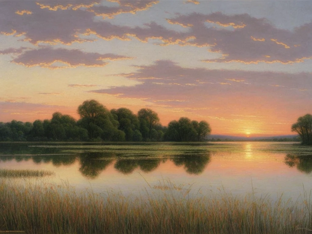 painting of a lake with reeds and a sunset in the background, a pastel by Harold Sandys Williamson, flickr, tonalism, by rainer hosch, steven outram highly detailed, bullrushes, reeds, steven outram, muted water color, peter sculthorpe, small reeds behind lake, nature painting, in a misty pond, marsh, tranquil scene