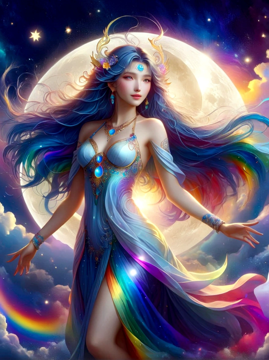 1xknh1, (Full Body Shot:1.4), goddess of moonlight,Vivid eyes,Filled with the energy of love and light,With rainbow-like light、30-year-old woman、