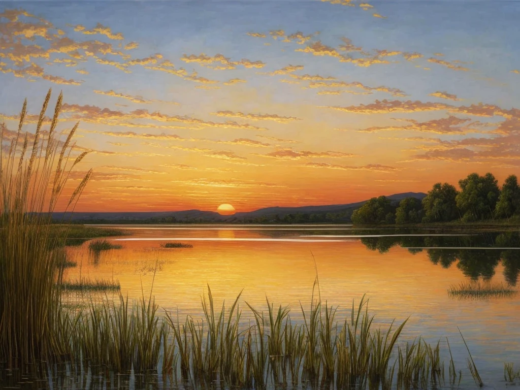 painting of a lake with reeds and a sunset in the background, by rainer hosch, by Harold Sandys Williamson, by Wilhelm Sasnal, steven outram highly detailed, bullrushes, by Norman Saunders, by Fred Williams, by Lajos Bruck, by Emil Orlik, by Lars Jonson Haukaness, by Bob Ross