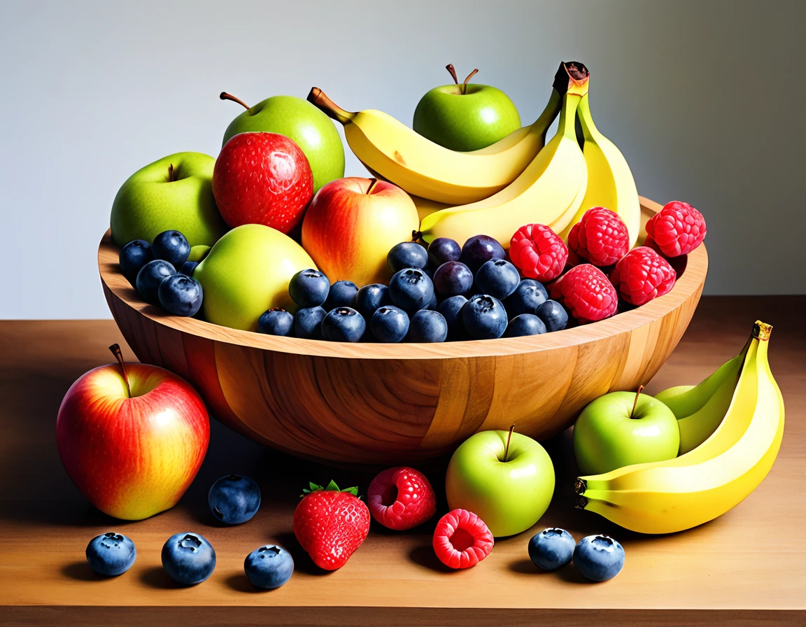 The illustration portrays a wooden bowl filled with an assortment of colorful fruits. Among them are green and red apples, a pear, bananas, blueberries, strawberries, raspberries, blackberries, and slices of kiwi. The bowl rests on a surface, casting subtle shadows, while the plain brilliant white background accentuates the vibrant hues and the wooden texture of the bowl. This image could be relevant for discussions on healthy eating or as an example of realistic still life art.
