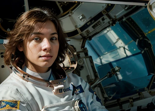 (((Photograph Half of the astronaut's body in his space uniform, transparent helmet visor so the viewer can see the man's face inside the astronaut's helmet ))). walks with a device in his hands analyzing the unknown environment of the planet. Atmosphere of the day. ( An Android walks alongside the astronaut helping to collect mineral samples from the planet).