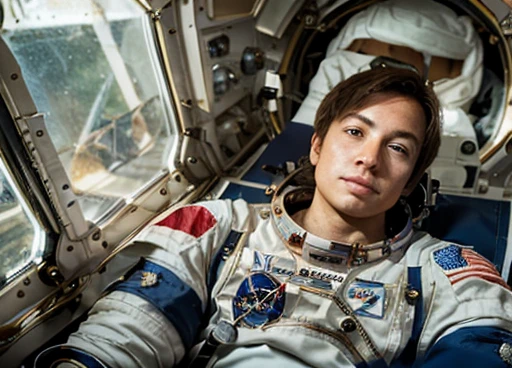 (((Photograph Half of the astronaut's body in his space uniform, transparent helmet visor so the viewer can see the man's face inside the astronaut's helmet ))). walks with a device in his hands analyzing the unknown environment of the planet. Atmosphere of the day. ( An Android walks alongside the astronaut helping to collect mineral samples from the planet).