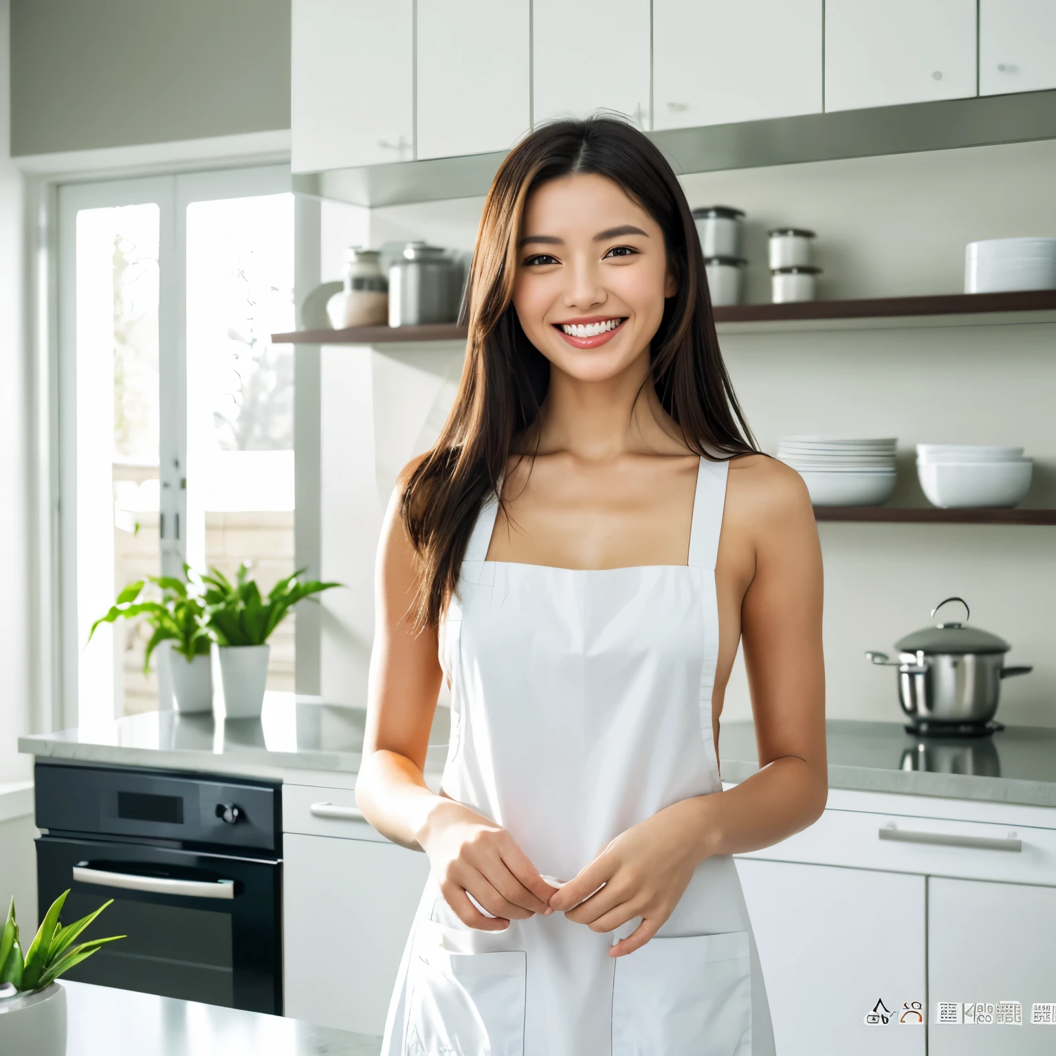 (Tabletop、Highest quality、8K、Award-winning works、Ultra-high resolution)、One beautiful woman、(Wearing the most natural and perfect apron:1.1)、(Naked Apron:1.2)、(Look at me with your best smile:1.1)、(Show off your beautiful teeth and get the best smile possible:1.1)、Large Breasts、The chest is slightly open、perfect beautiful teeth、Accentuate your body lines、(Bust up photo:1.1)、(Upper body photo:1.2)、Big Breasts、(The most natural and practical kitchen:1.1)、(Perfectly organized and clean kitchen:1.1)、(Modern and elegant kitchen:1.1)、(Perfect kitchen with state-of-the-art induction cooktop:1.1)、(Beautiful and unified modern kitchen:1.1)、(Very bright:1.2)、(Super bright and radiant skin:1.1)、that&#39;Very vivid、The most vivid、High chroma、Glowing Beautiful Skin、Fresh and beautiful, perfect windows、Ultra-high resolutionのperfect beautiful teeth、(Ultra HD glossy skin:1.1)、(Very brightly lit、明るい and glowing skin:1.2)、Ultra-high definition sparkling eyes、(Accurate anatomy:1.1)、(The most graceful and perfect posture:1.1)