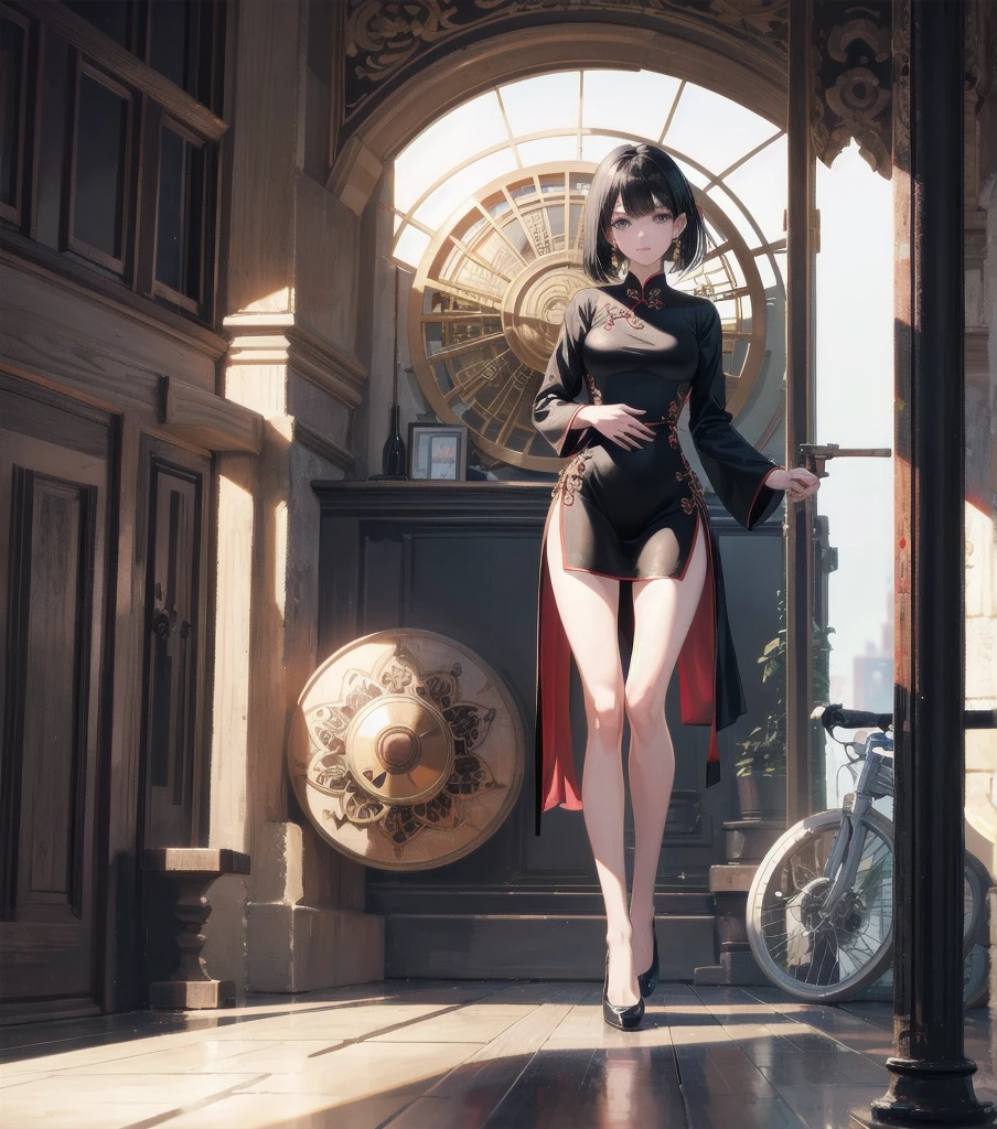 absurdres, RAW photo, extremely delicate and beautiful, masterpiece, Best Quality, ultra high resolution, 32k, hyperrealistic, ultra-detailed, late 20s, very Slim body, narrow waist, very small head, handsome detailed woman, very detailed eyes and face, realistic face proportions, Stunning detailed eyes, Realistic beautiful face, very small face, Realistic small beautiful eyes, delicate facial features, tearful mole, earring, very huge round breasts, ((((full body shot)))), medium hair, black hair, ((cheongsam)),