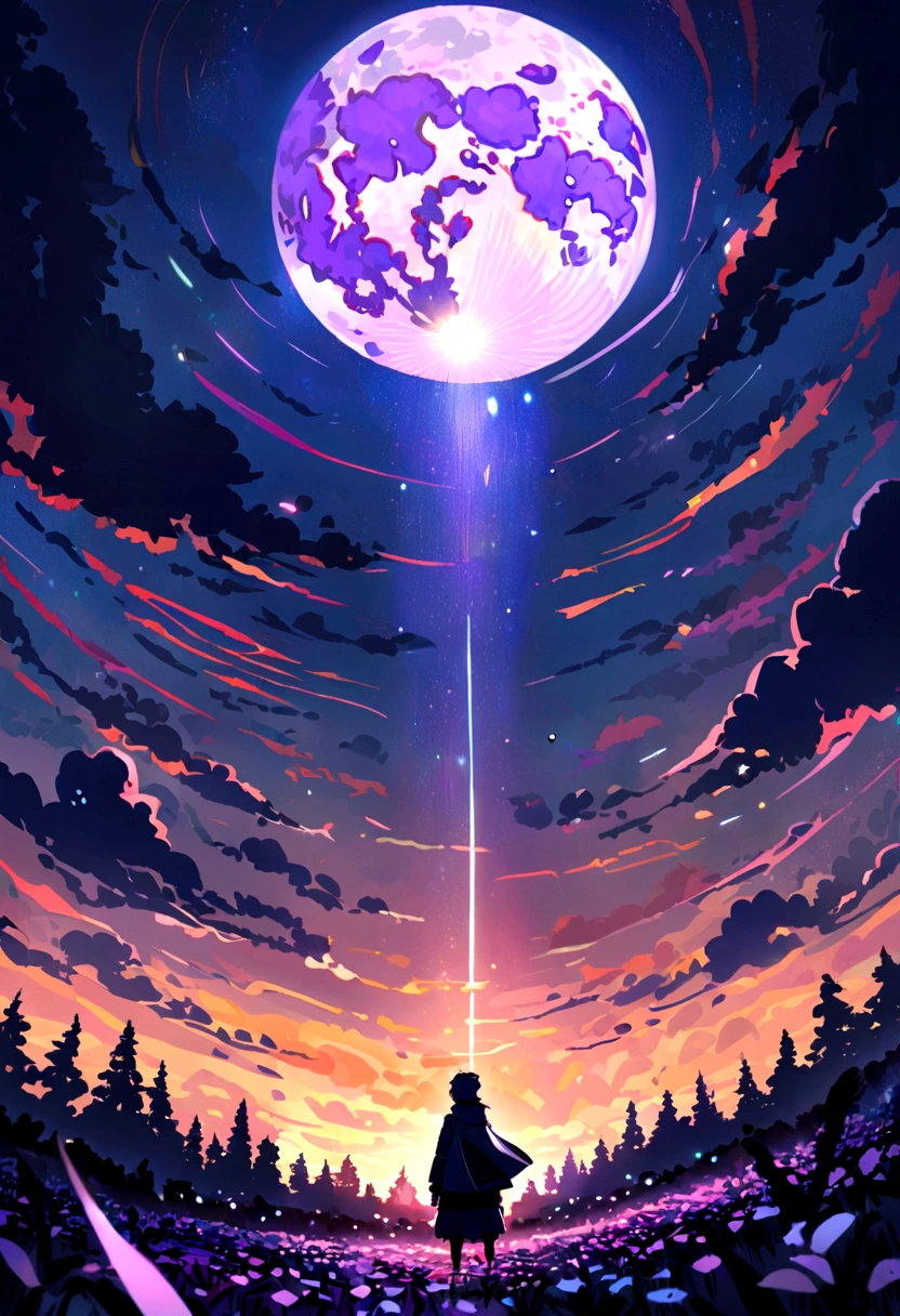 Vast landscape photography,(View from below,There's a sky above,Below is an open field),A little boy stood in a flower field and looked up,(full moon:1.2),(meteor:0.9),(Star Cloud:1.3),Fir Mountain, Tree BREAK Making Art,(Warm light source:1.2),(Glow worms:1.2),The lamp lights up,Lots of purple and orange,Intricate details,Volumetric Lighting Break(masterpiece:1.2),(Highest quality),4K,Super detailed,(Dynamic configuration:1.4),Rich in details,Variety of colors,(Iridescent colors:1.2),(The light shines,Atmospheric lighting),dream Magic,Magic,(solo:1.